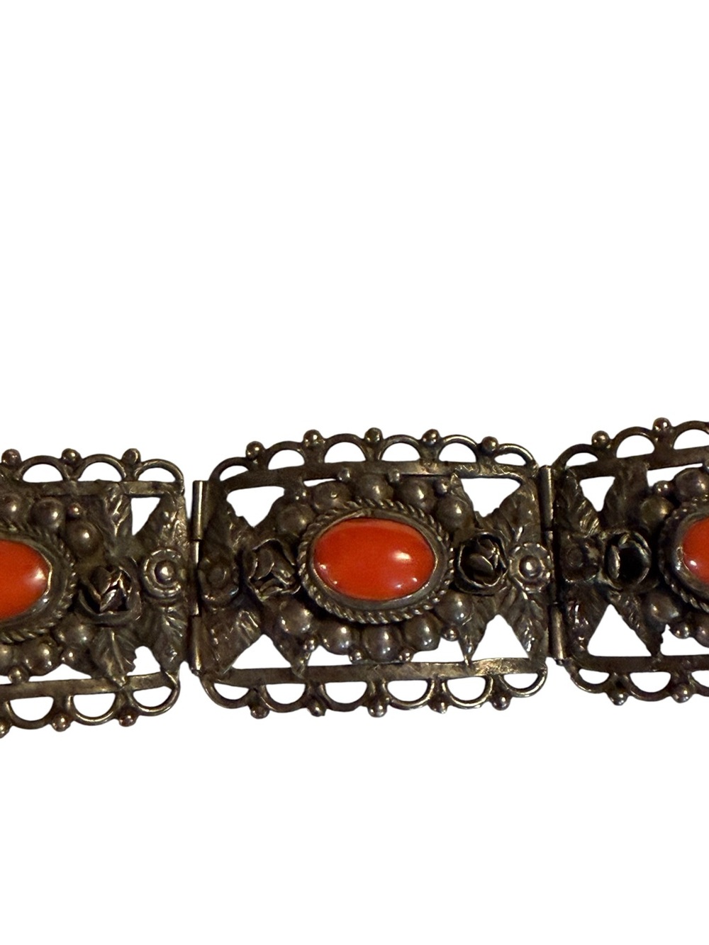 Vintage 1930's Etruscan Revival Franconeri Red Coral 800 Silver Hinged Bracelet - Picture 7 of 10